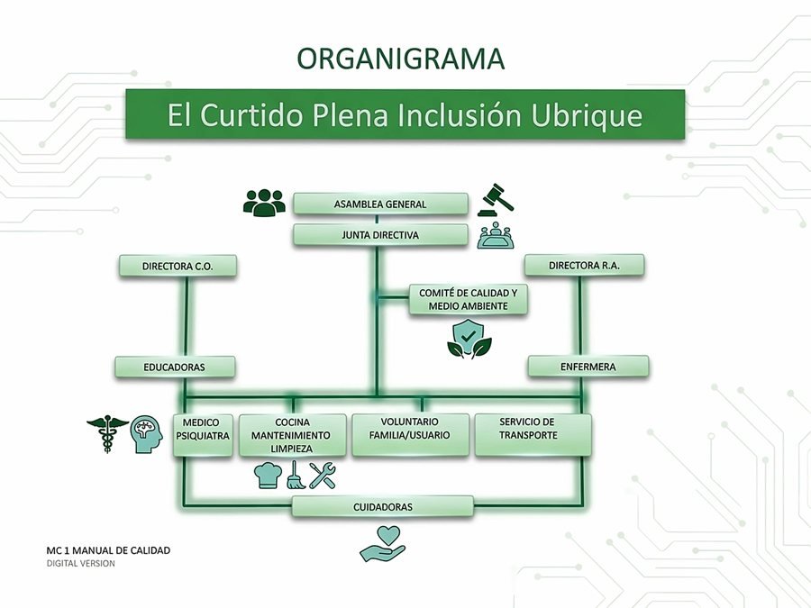 Organigrama de El Curtido Plena Inclusión Ubrique: Asamblea General, Junta Directiva, direcciones, comité de calidad y equipos